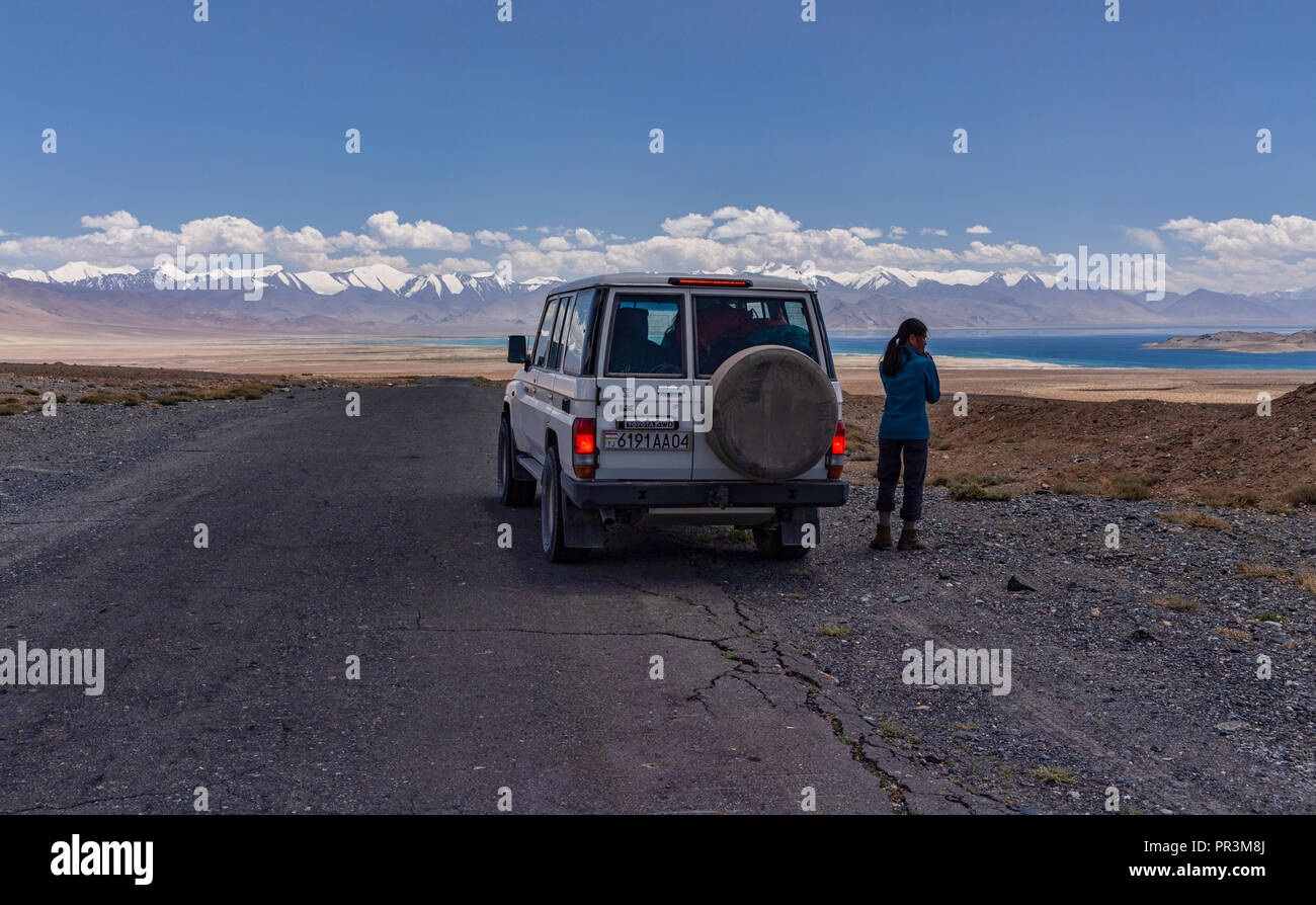 Images takes on the remote Pamir Highway, from the Kyzyl-Art Pass on route to Karakul Lake in Tajikiestan Stock Photo
