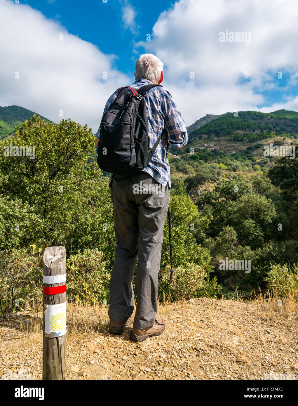 Older man wearing backpack admiring valley view, GR walking route 249 with wooden marker post, Sierras de Tejeda, Salares, Axarquia, Andalusia, Spain Stock Photo