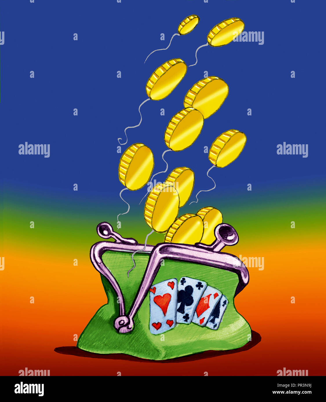 from an open wallet fly away coins as light toy balloons allegory of spent in gamvling conceptual illustration Stock Photo