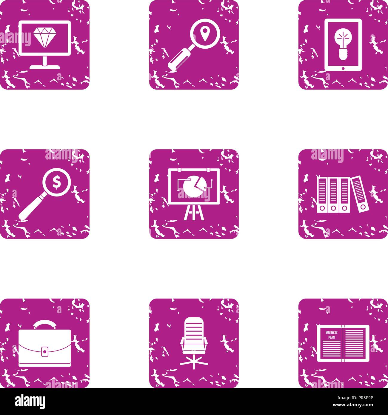 Magnifier icons set, grunge style Stock Vector