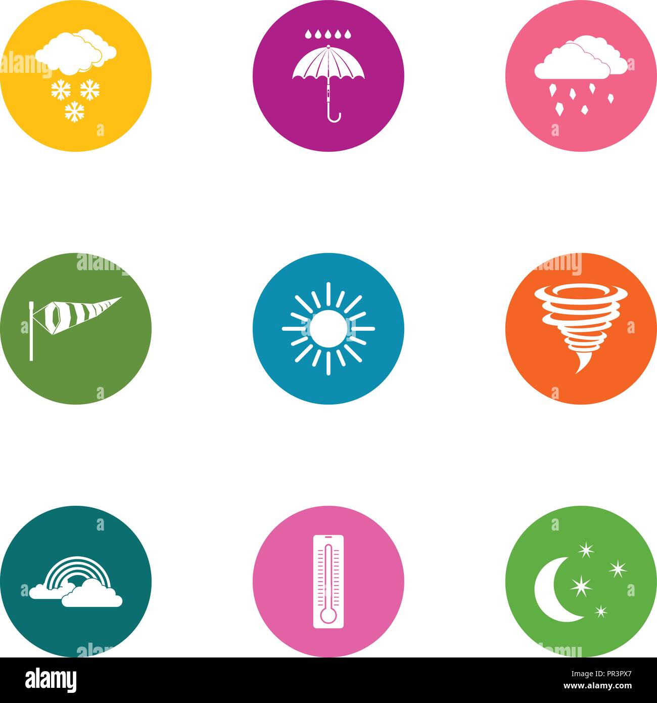 Weather condition icons set, flat style Stock Vector