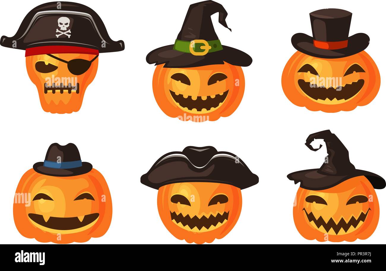 Funny pumpkins in hats. Halloween symbol. Cartoon vector illustration Stock Vector