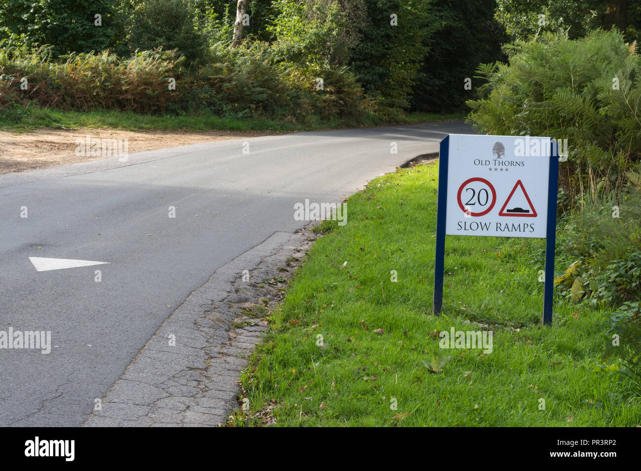 Speed bump and warning sign on drive leading to Old Thorns golf club and spa resort with 20 mph speed limit, Liphook, Hampshire, UK Stock Photo