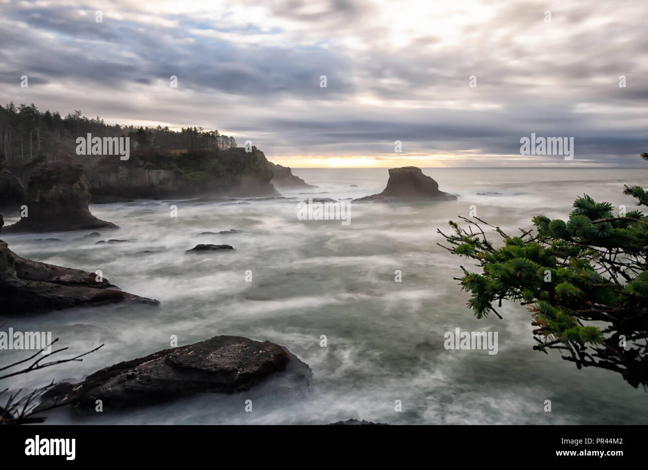 A view of Cape Flattery, WA at sunset. Taken with a 10-stop ND filter. Stock Photo