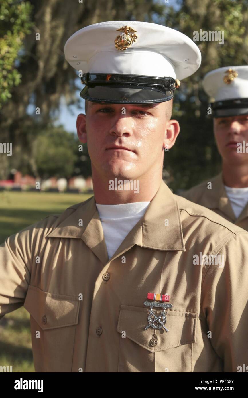 U.S. Marine Corps PFC. Ikere Lecompte is the honor graduate for Platoon 3069, Kilo Company, 3rd Recruit Training Battalion, and graduated boot camp Sept. 7, 2018. Lecompte is from Wilmington, DE. Stock Photo