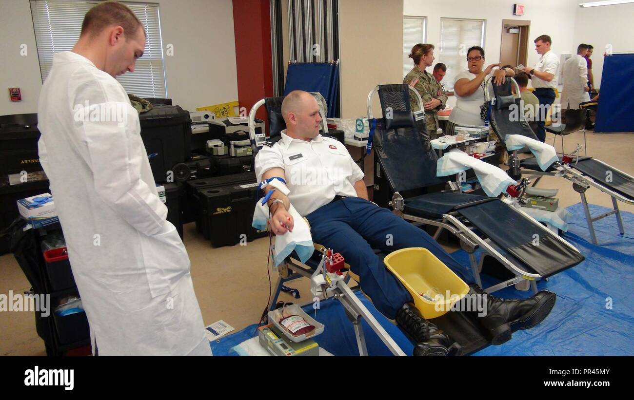 On Friday, 7 September, members of the 2/319 Field Artillery BDE, 82nd ABN DVN, Lab techs from the 432nd Blood Support Detachment, 44 MED BDE, and members of the Ft Bragg Blood Donor Center assist each other in the screening of Global Response Force (GRF) personnel to determine eligibility as Fresh Whole Blood donors. The primary goal of this partnership was to determine how many donors possessed the much needed 'O- Blood' otherwise known as the Universal Donor. After blood collection, it will be tested for transfusion transmitted diseases, as well as a determination of titer status, so the gr Stock Photo