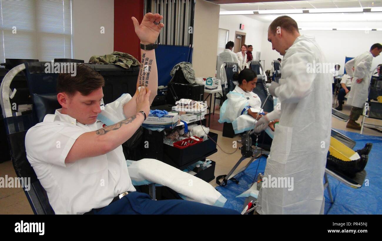 On Friday, 7 September, members of the 2/319 Field Artillery BDE, 82nd ABN DVN, Lab techs from the 432nd Blood Support Detachment, 44 MED BDE, and members of the Ft Bragg Blood Donor Center assist each other in the screening of Global Response Force (GRF) personnel to determine eligibility as Fresh Whole Blood donors. The primary goal of this partnership was to determine how many donors possessed the much needed 'O- Blood' otherwise known as the Universal Donor. After blood collection, it will be tested for transfusion transmitted diseases, as well as a determination of titer status, so the gr Stock Photo