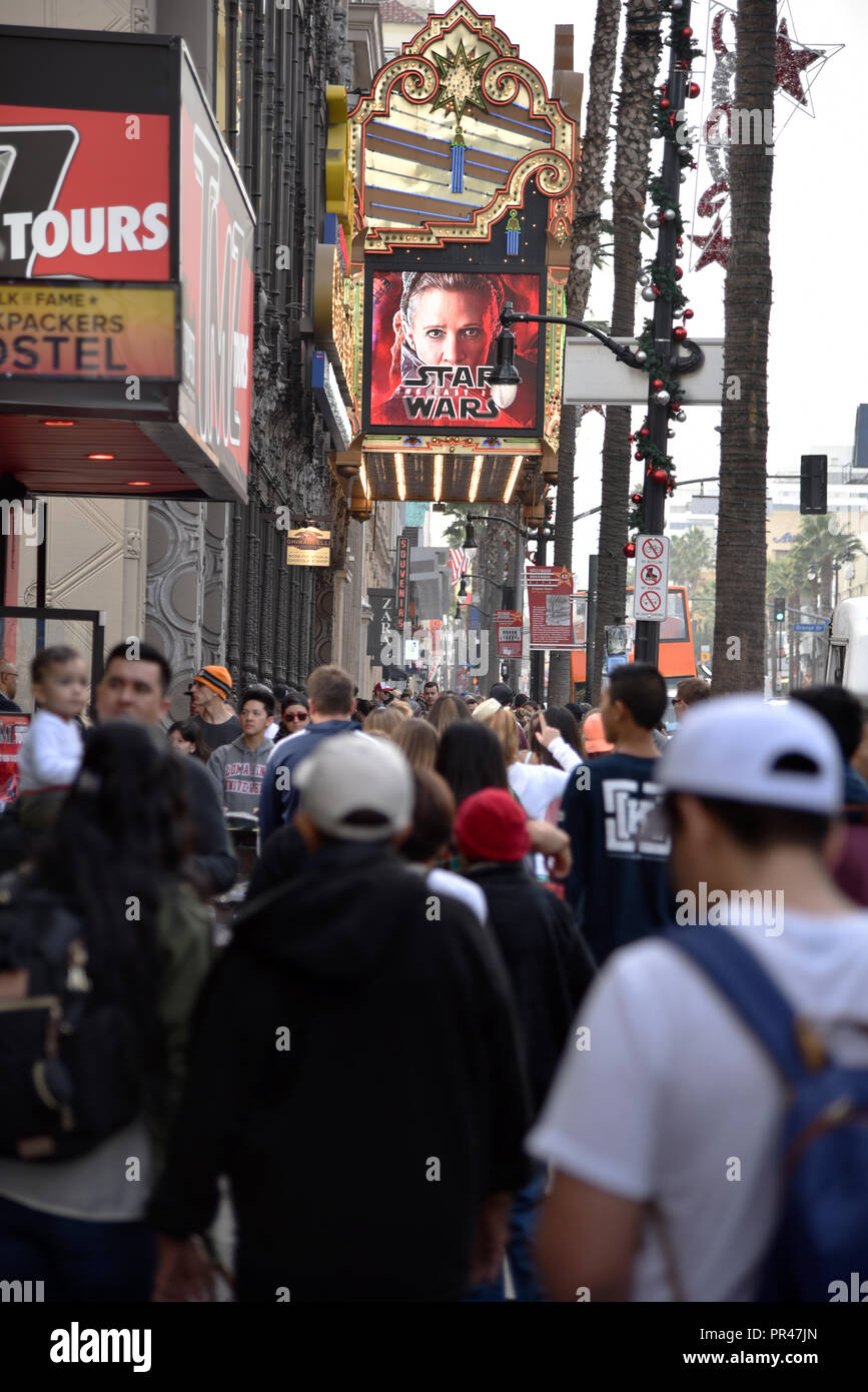 Los Angeles, CA - March 26, 2018: Crowds of tourists on the Hollywood Walk of Fame by the El Capitan Theatre Stock Photo