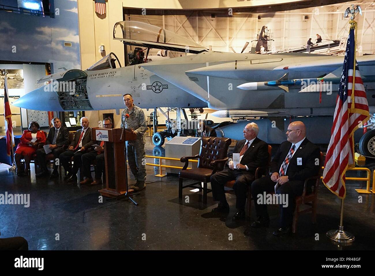 Col. Lyle Drew, Robins Air Force Base Installation Commander, and Middle Georgia community members gathered at the Museum of Aviation to honor military and first responders during the Patriot Day ceremony, Sept. 11, 2018. Drew, the mayors of the City of Perry, City of Centerville and City of Warner Robins spoke at the event which also included a moment of silence and A Litany of Remembrance reading. Stock Photo