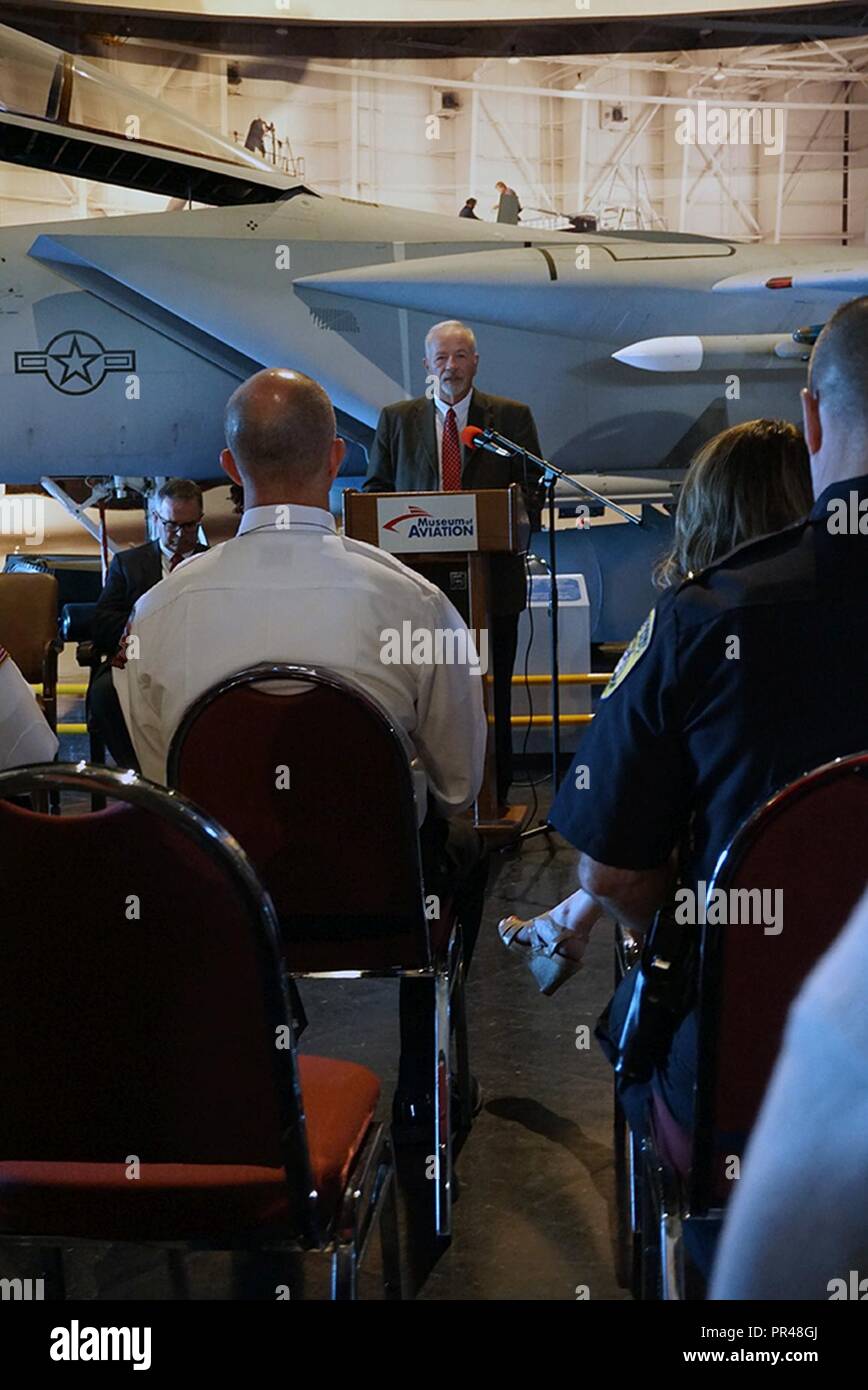 Col. Lyle Drew, Robins Air Force Base Installation Commander, and Middle Georgia community members gathered at the Museum of Aviation to honor military and first responders during the Patriot Day ceremony, Sept. 11, 2018. Drew, the mayors of the City of Perry, City of Centerville and City of Warner Robins spoke at the event which also included a moment of silence and A Litany of Remembrance reading. Stock Photo