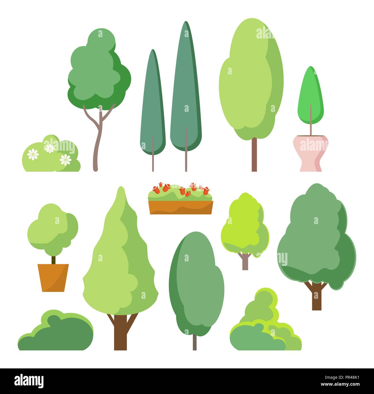 Cartoon bush and tree set. Vector trees and bushes isolated on white background, nature green forest plants for hedge or cute landscape. Stock Vector