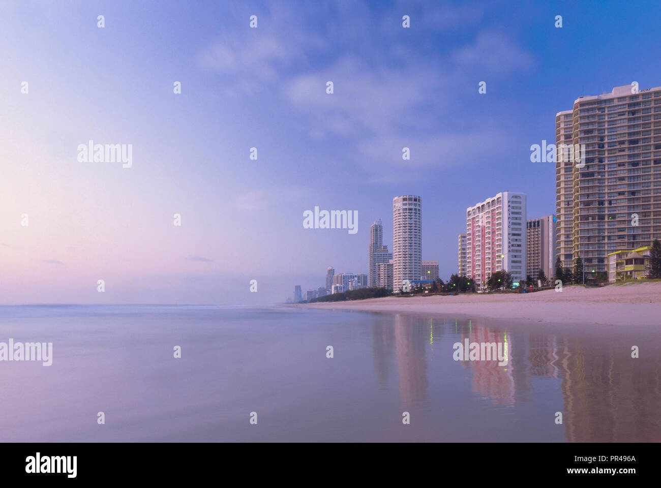 Skyscrapers along an empty Surfer's Paradise beach, Queensland, Australia, at dawn Stock Photo