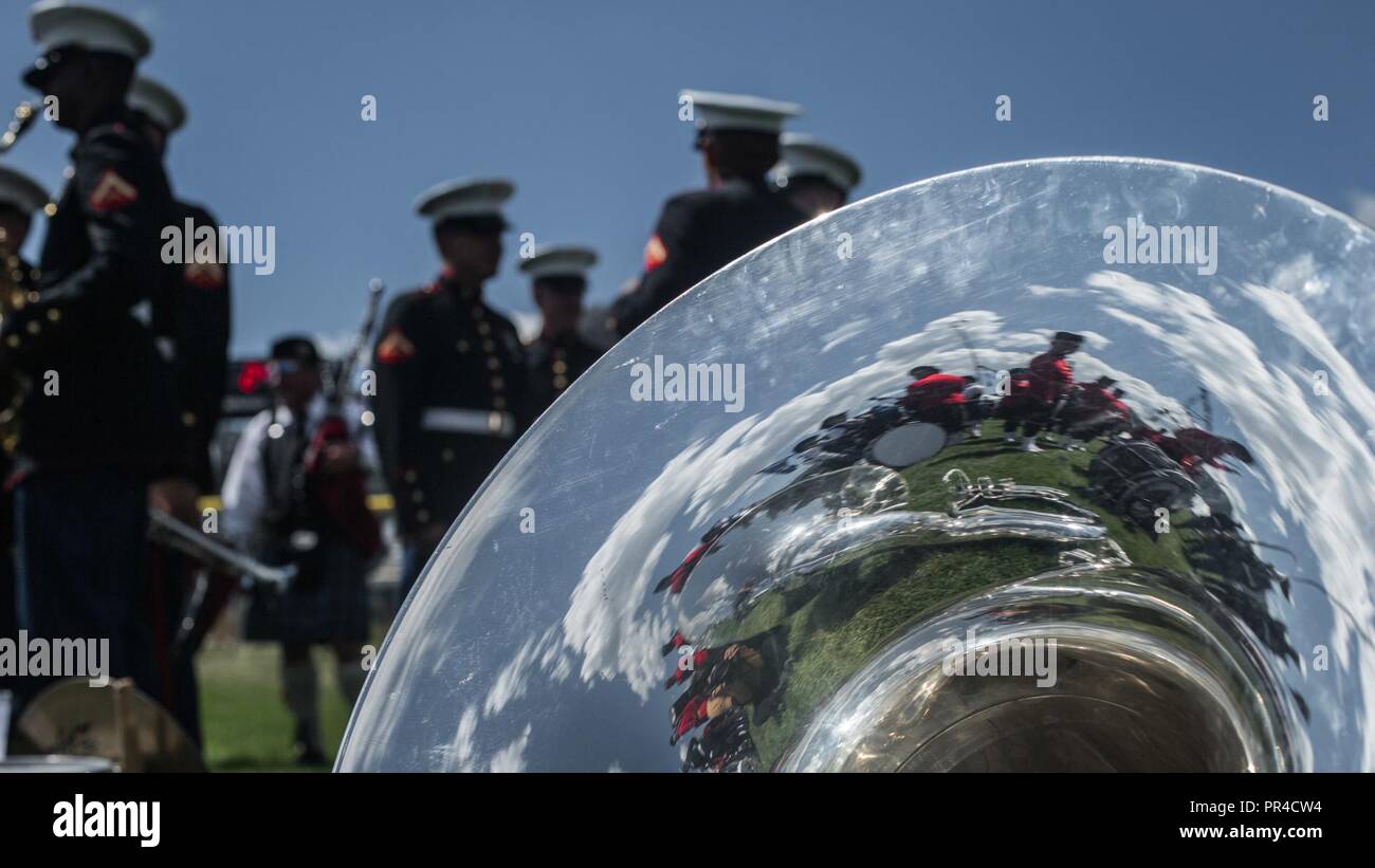 U S Marines With The 1st Marine Division Band And Local Pipe And Drum Bands Gather Before A Live Opening Ceremony During The 42nd Annual Longs Peak Highland Festival In Estes Park Colorado