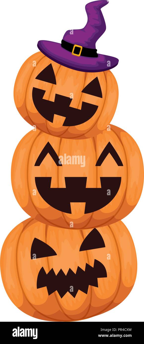 happy halloween pumpkins pile with witch hat vector illustration design ...