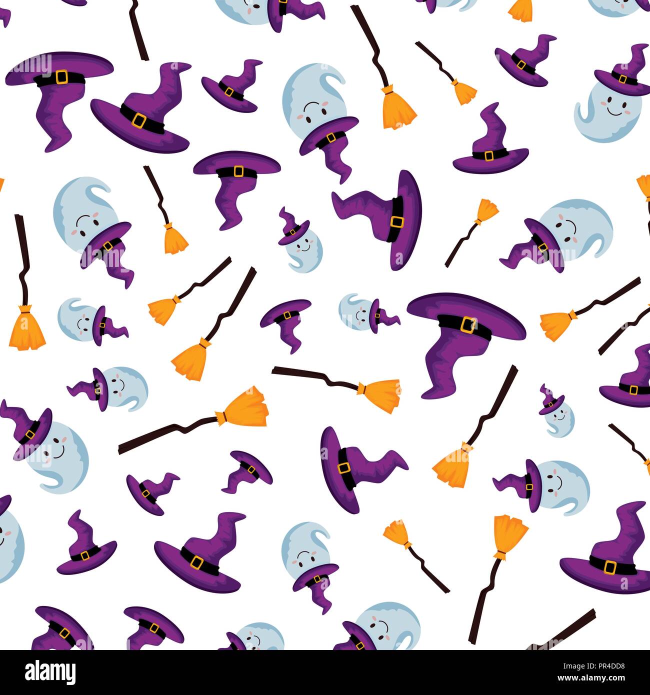 witch hat with ghost and broom halloween pattern vector illustration ...