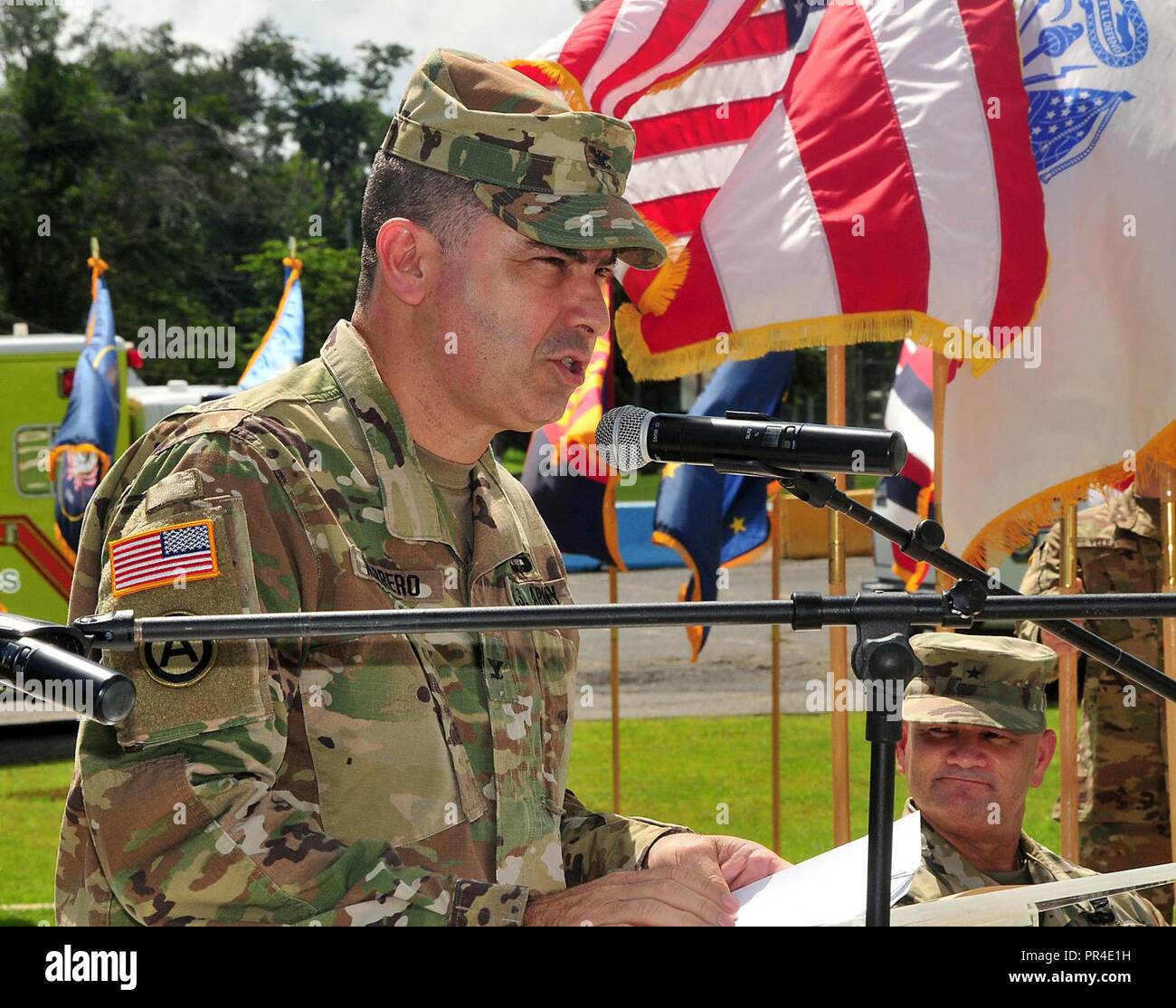 The Puerto Rico National Guard joins suicide prevention efforts with US Garrison, Fort Buchanan and 1st Mission Support Command in a ceremony that took place at the Soldiers Plaza in Fort Buchanan, Puerto Rico, as part of the First Suicide Awareness & Prevention Month Campaign events, Sept. 7.  The Assistant Adjutant General of Puerto Rico, Brig. Gen. Narciso Cruz, was present to sign the day’s proclamation along with Col. Guy D. Bass, Fort Buchanan Garrison Commander and Col. Jorge Marrero, Commander of the 210th RSG.  The proclamation designates September 2018 as the First Joint Suicide Awar Stock Photo