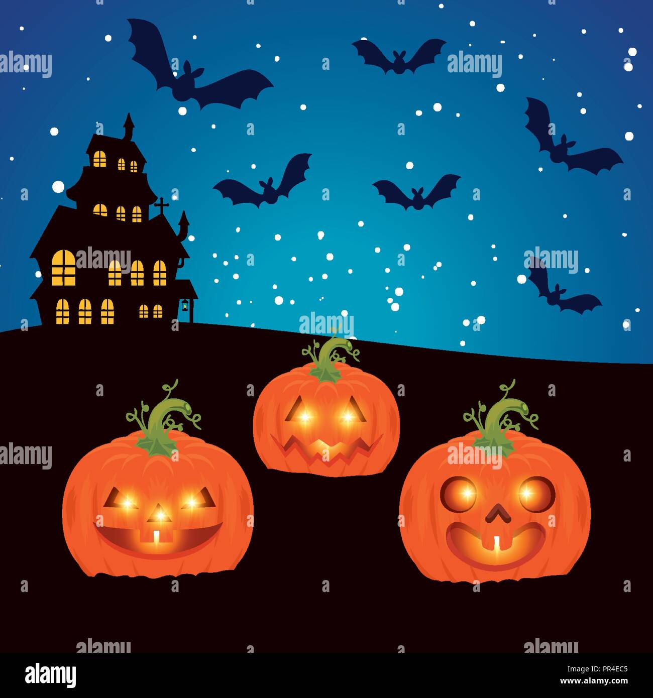 halloween enchanted castle on night with pumpkins vector illustration ...