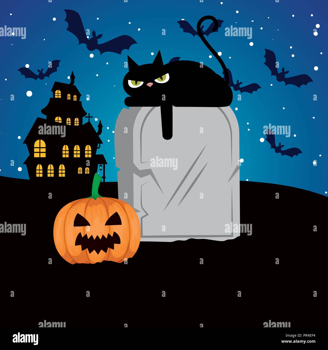 halloween black cat with pumpkin and gravestone vector illustration ...