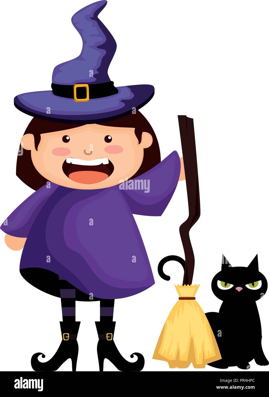 girl dressed up as a halloween witch with broom vector illustration ...