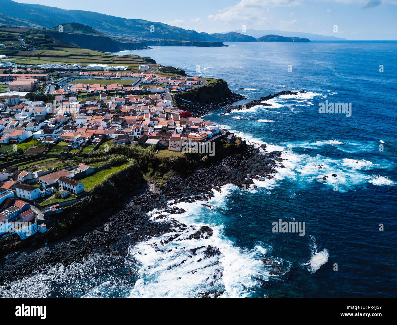 Top view of the ocean surf on the reefs coast of San Miguel island ...