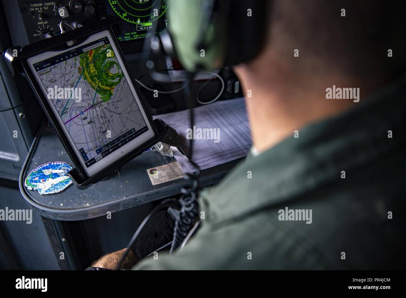 A computer tablet is used to track the hurricane while in flight during a  Hurricane Hunters mission out of Savanah Air National Guard Base, Savanah,  GA Airport, September 13, 2018. The U.S.