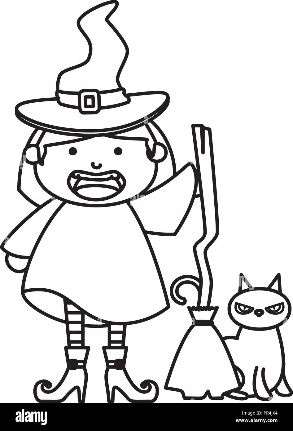 girl dressed up as a halloween witch with broom vector illustration ...