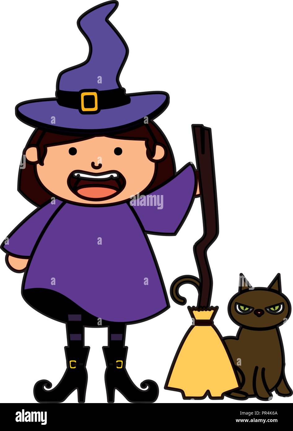 girl dressed up as a halloween witch with broom vector illustration ...