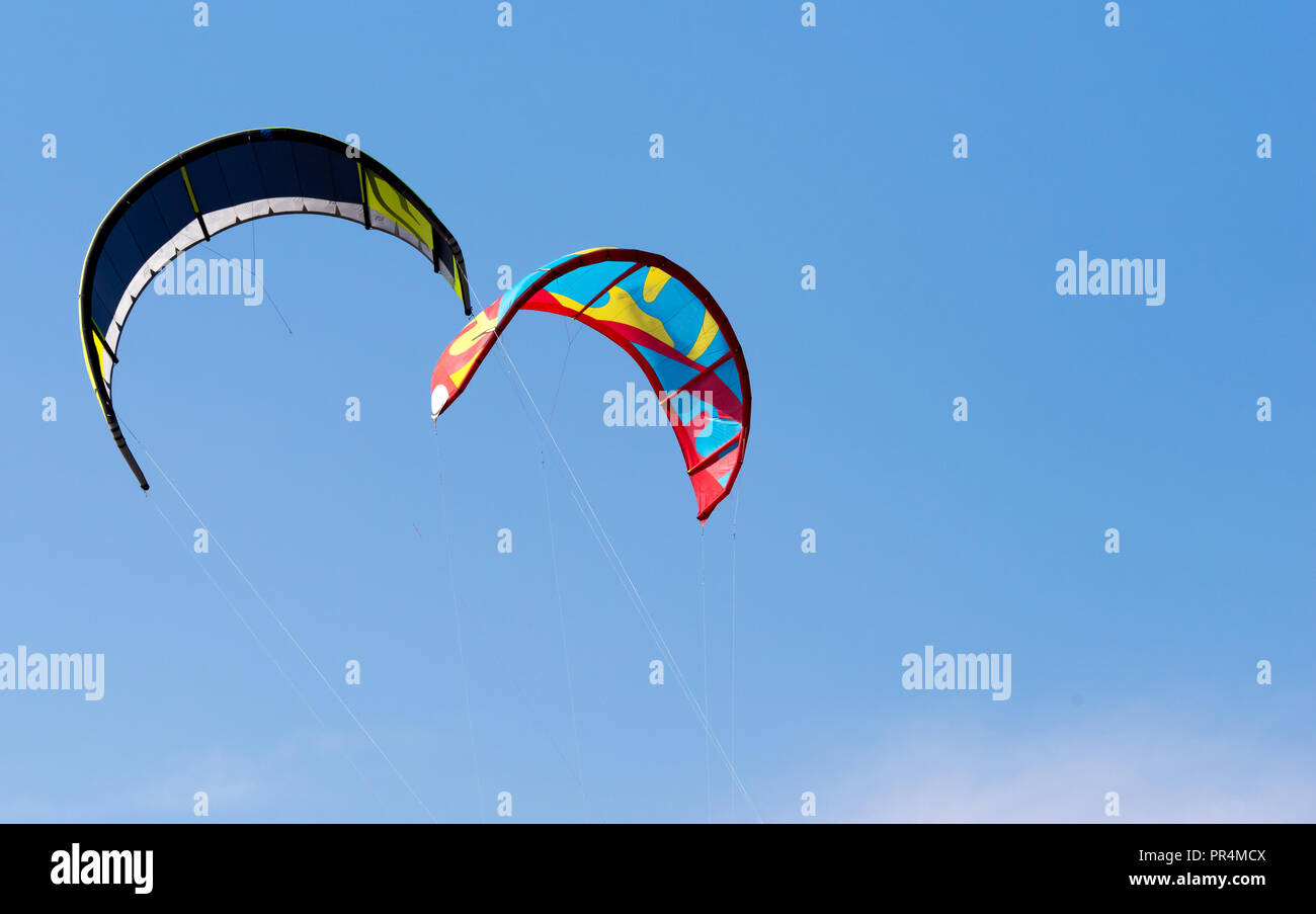 Kiteboarding. Kites flying in the sky. Stock Photo