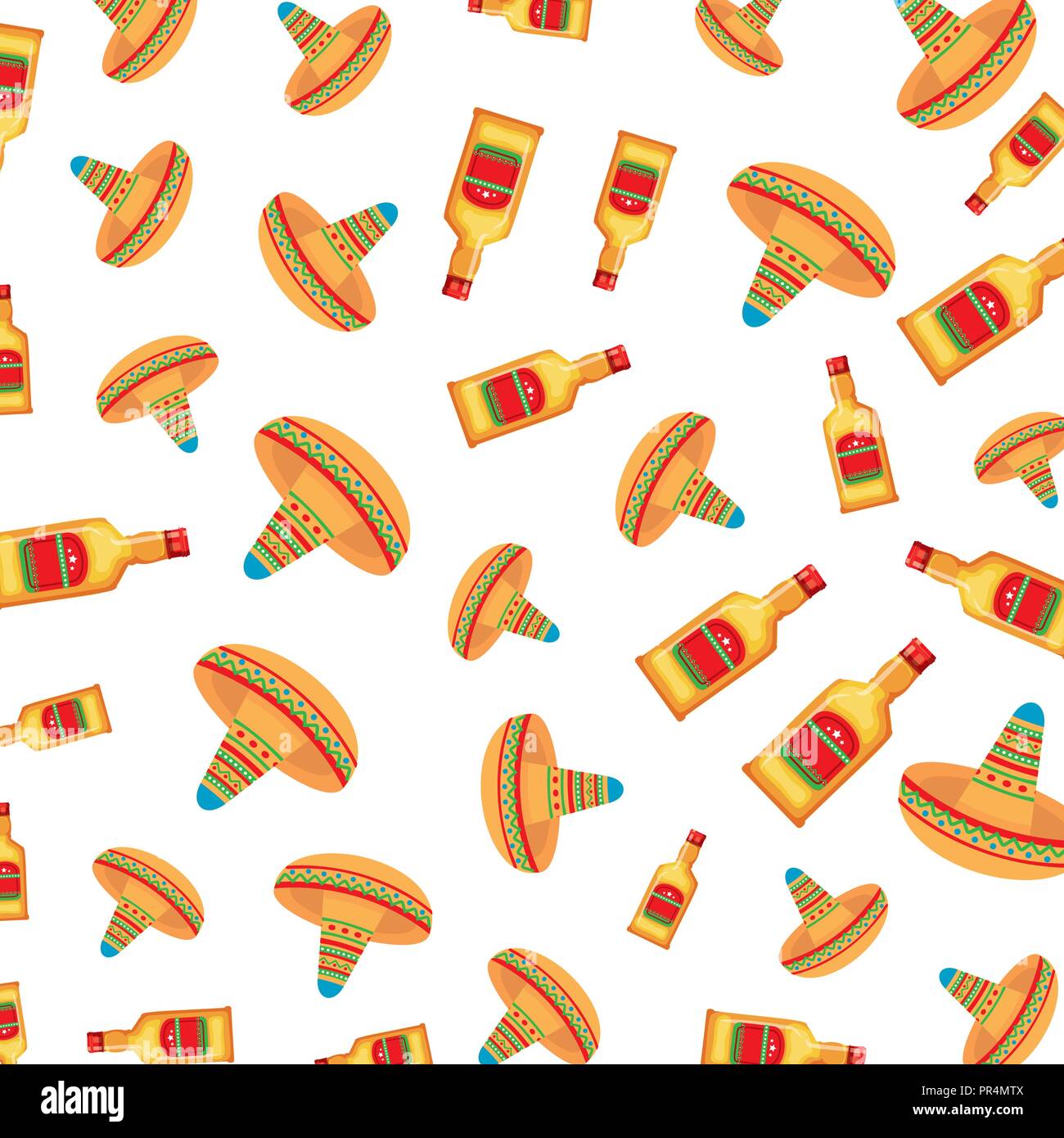 mexican hats and tequila bottles pattern vector illustration design