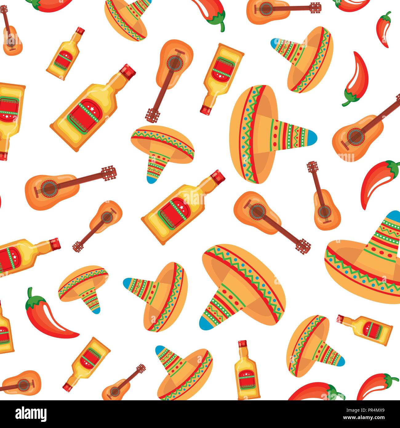 mexican hats and tequila bottles pattern vector illustration design