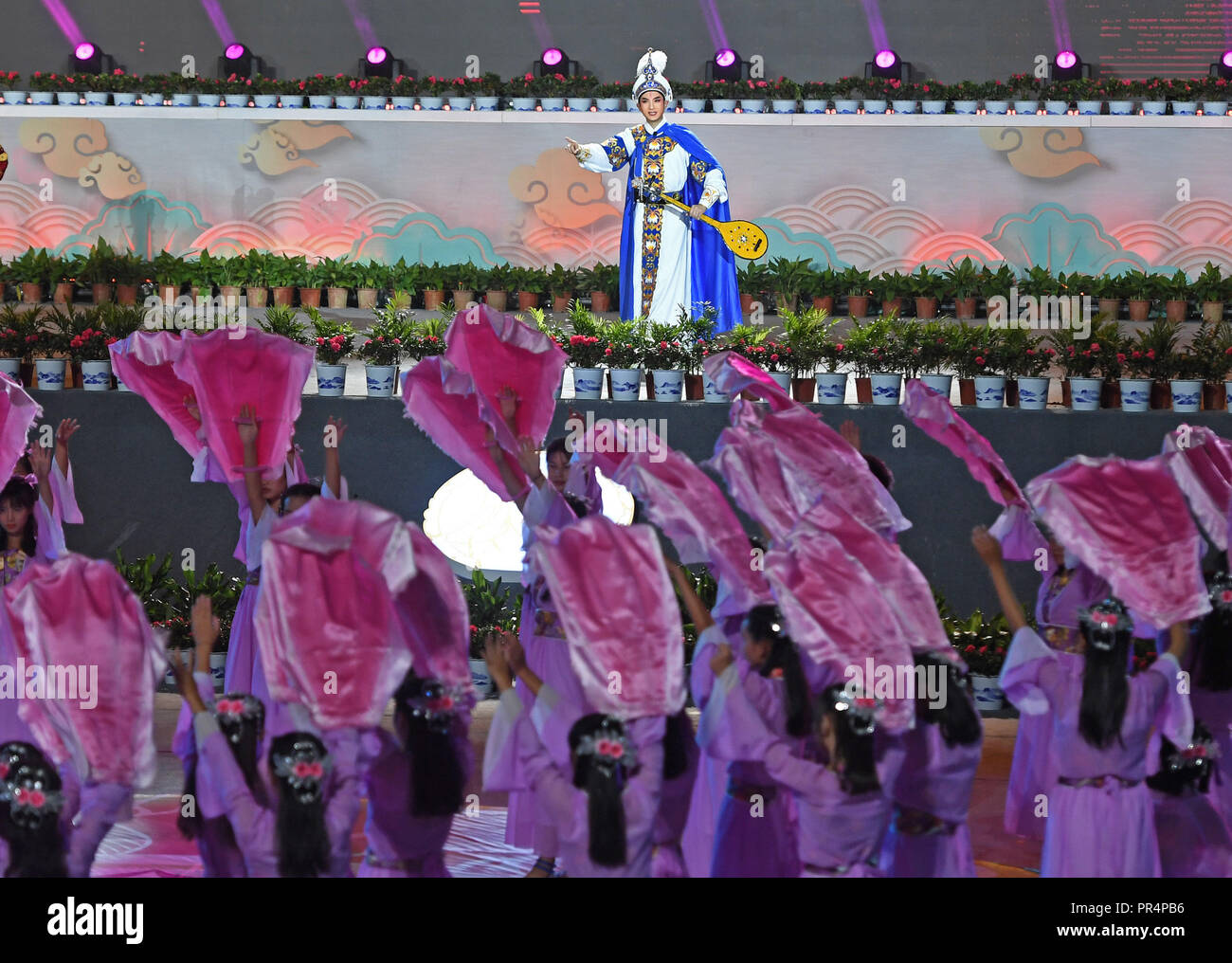 Fuzhou, China's Jiangxi Province. 28th Sep, 2018. Actors perform during the opening ceremony of an international theater arts exchange month program named after Tang Xianzu in Fuzhou, east China's Jiangxi Province, Sept. 28, 2018. Tang, born in 1550, was a famous Chinese playwright best known for four plays dubbed the 'Four Dreams.' Credit: Wan Xiang/Xinhua/Alamy Live News Stock Photo