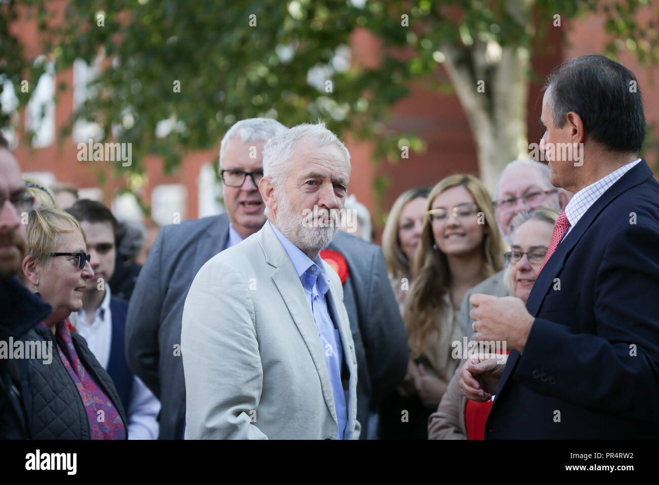 Halesowen, West Midlands, UK. 29th September, 2018. Labour leader Jeremy Corbyn arrives at a rally to gain support for Labour's campaign for the Halesowen and Rowley Regis constituency. Peter Lopeman/Alamy Live News Stock Photo