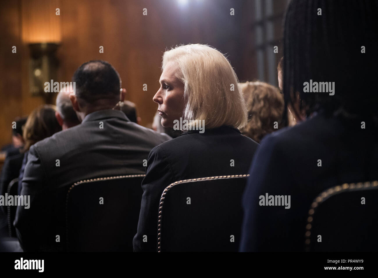 UNITED STATES - SEPTEMBER 27: Sen. Kirsten Gillibrand, D-N.Y., listens to Dr. Christine Blasey Ford's testimony in the Senate Judiciary Committee to testify on the nomination of Brett M. Kavanaugh to be an associate justice of the Supreme Court of the United States. (Photo By Tom Williams/CQ Roll Call/POOL) | usage worldwide Stock Photo