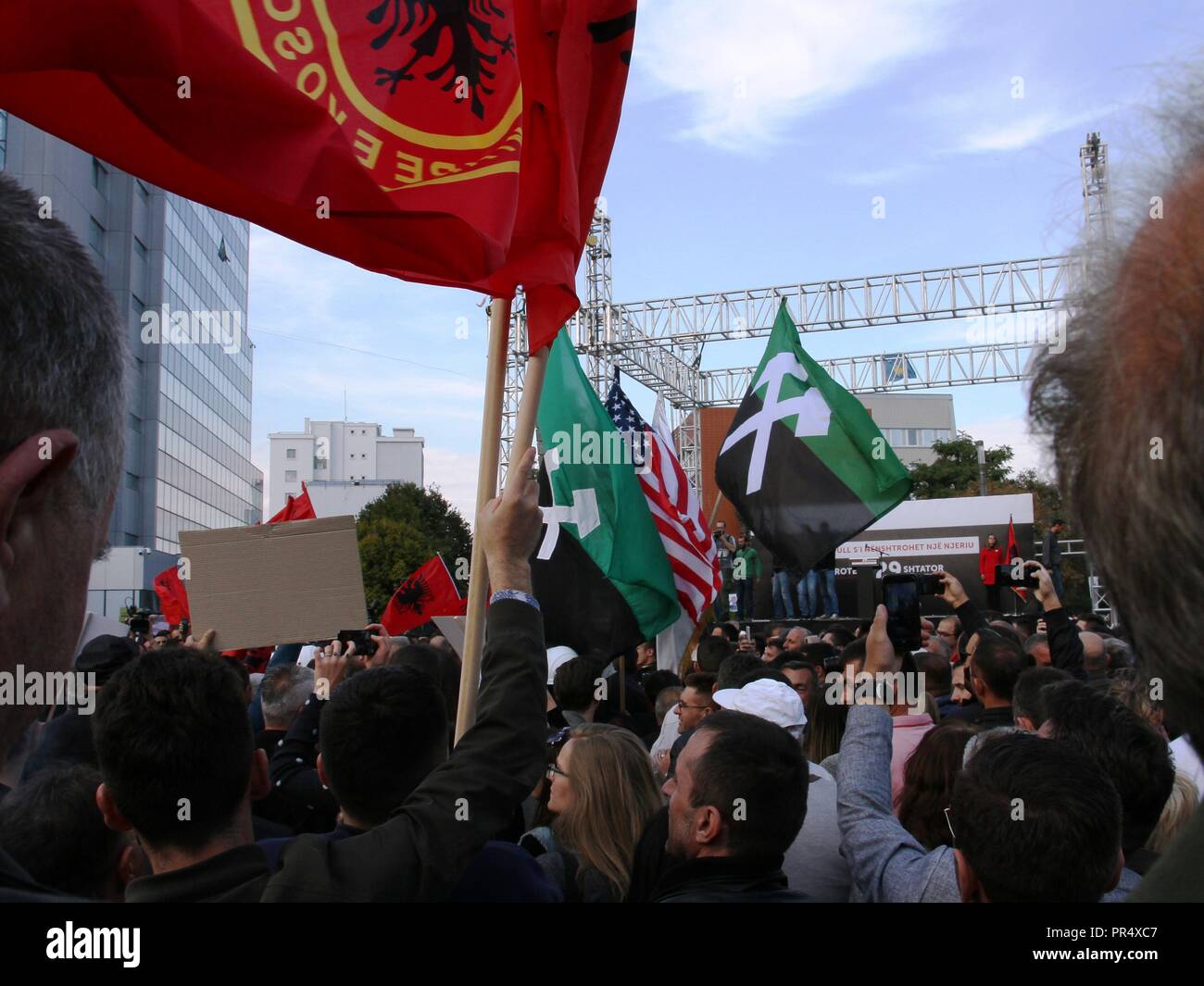 Pristina, Kosovo. 29th September 2018. Protesters gather in Skanderbeg Square, Pristina, Kosovo, to demonstrate against land swaps with Serbia proposed by President Hashim Thaci. The protest was organised by the opposition Vetevendosja (self determination) party led by Albin Kurti. Protesters called for the resignation of President Credit: William Young/Alamy Live News Stock Photo