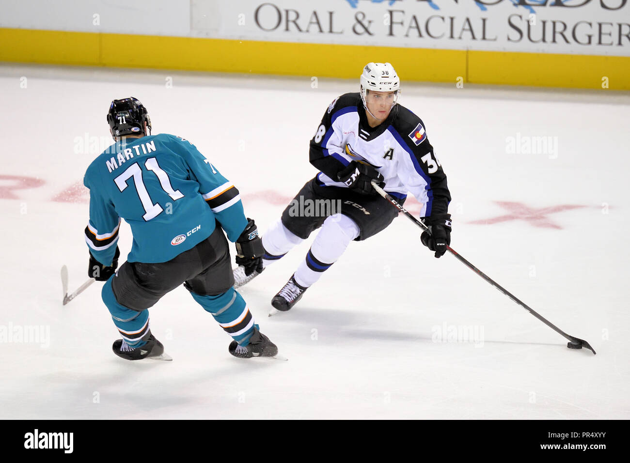 Loveland, Colorado, USA. 28th Sep, 2018. Colorado Eagles forward Julien Nantel (38) skates past San Jose Barracuda forward Jon Martin (71) in the third period of their AHL hockey game at the Budweiser Events Center in Loveland, Colorado. San Jose won 5-3. Russell Hons/CSM/Alamy Live News Stock Photo