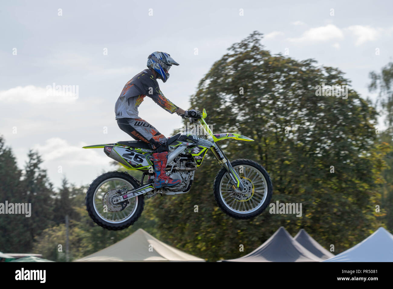 Brentwood Essex 29th September 2018 Essex Country Show in Weald Park Brentwood Essex in glorious autumn sunshine., Motorcycle stunt rider in mid air,   Credit Ian Davidson/Alamy Live News Stock Photo