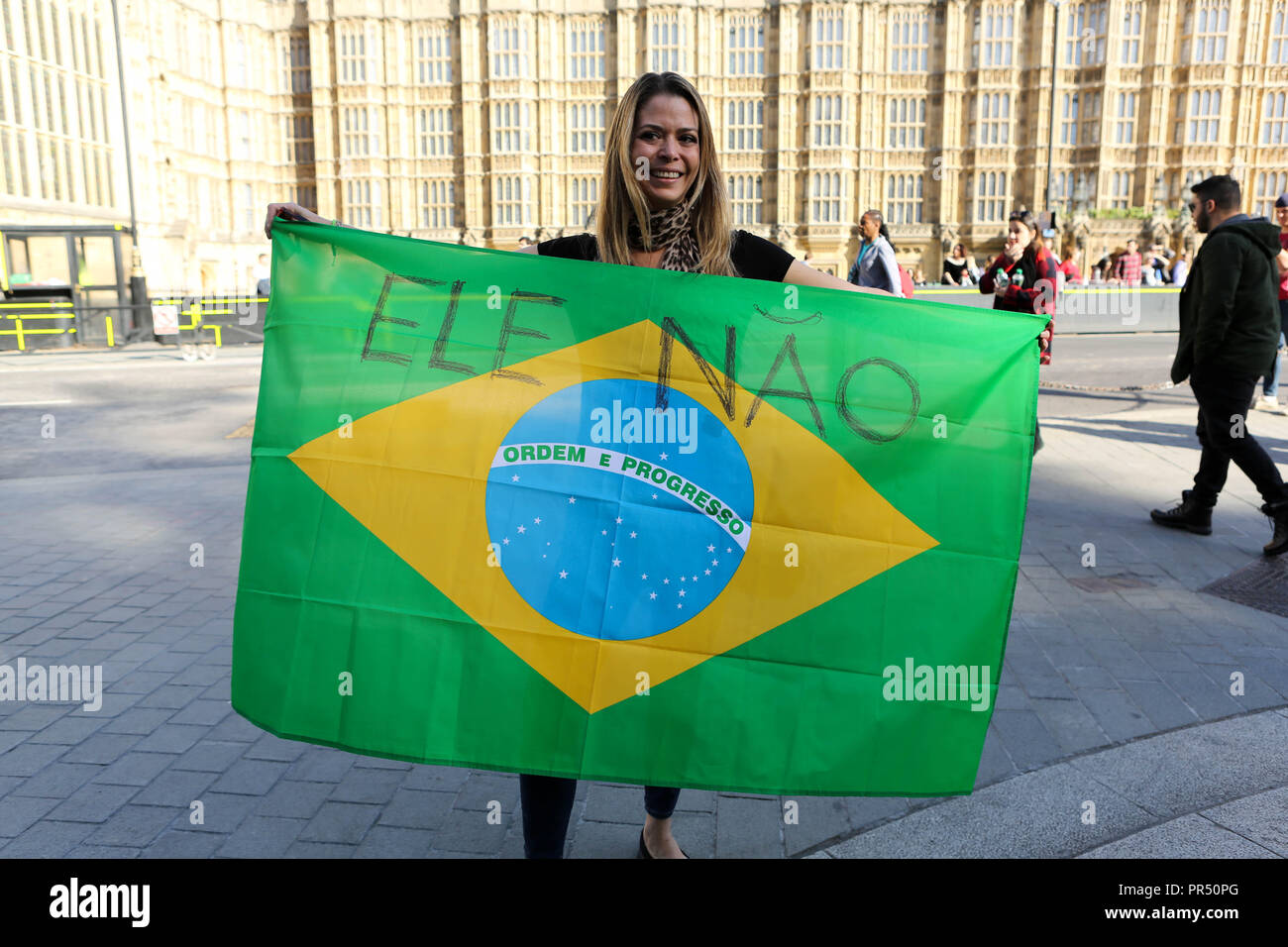London, UK. 29th Sept, 2018. A demonstration organized by Brazilian women living in the UK against Jair Bolsonaro. He is running for president in the upcoming Brazilian elections although he stands out for his misogynist, racist, LGBTQ phobic and fascist positions. Penelope Barritt/Alamy Live News Stock Photo