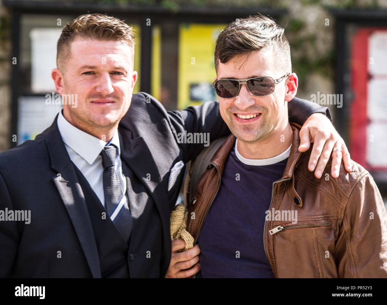 Garmisch Partenkirchen, Bavaria, Germany. 29th Sep, 2018. EDL founder TOMMY ROBINSON with Austrian right-extremist and head of the Identitaeren Movement MARTIN SELLNER. Sellner is also associated with white supremacists in the United States and Canada. Adding themselves to the 'who's who'' list of of several hundred right-extremists from Germany, Austria, Switzerland, and other countries, Tommy Robinson, founder of the British EDL, Lutz Bachmann, grounder of Germany's Pegida, and Martin Sellner of the Identitaere Bewegung were guests as the Compact Konferenz held in the internati Stock Photo