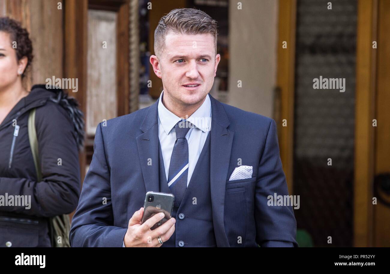 Garmisch Partenkirchen, Bavaria, Germany. 29th Sep, 2018. Right-extremist and founder of the EDL TOMMY ROBINSON in Garmisch Partenkirchen, southern Bavaria. Adding themselves to the "who's who"" list of of several hundred right-extremists from Germany, Austria, Switzerland, and other countries, Tommy Robinson, founder of the British EDL, Lutz Bachmann, grounder of Germany's Pegida, and Martin Sellner of the Identitaere Bewegung were guests as the Compact Konferenz held in the international tourist town of Garmisch Partenkirchen in southern Bavaria. The conferences are held by Jue Stock Photo