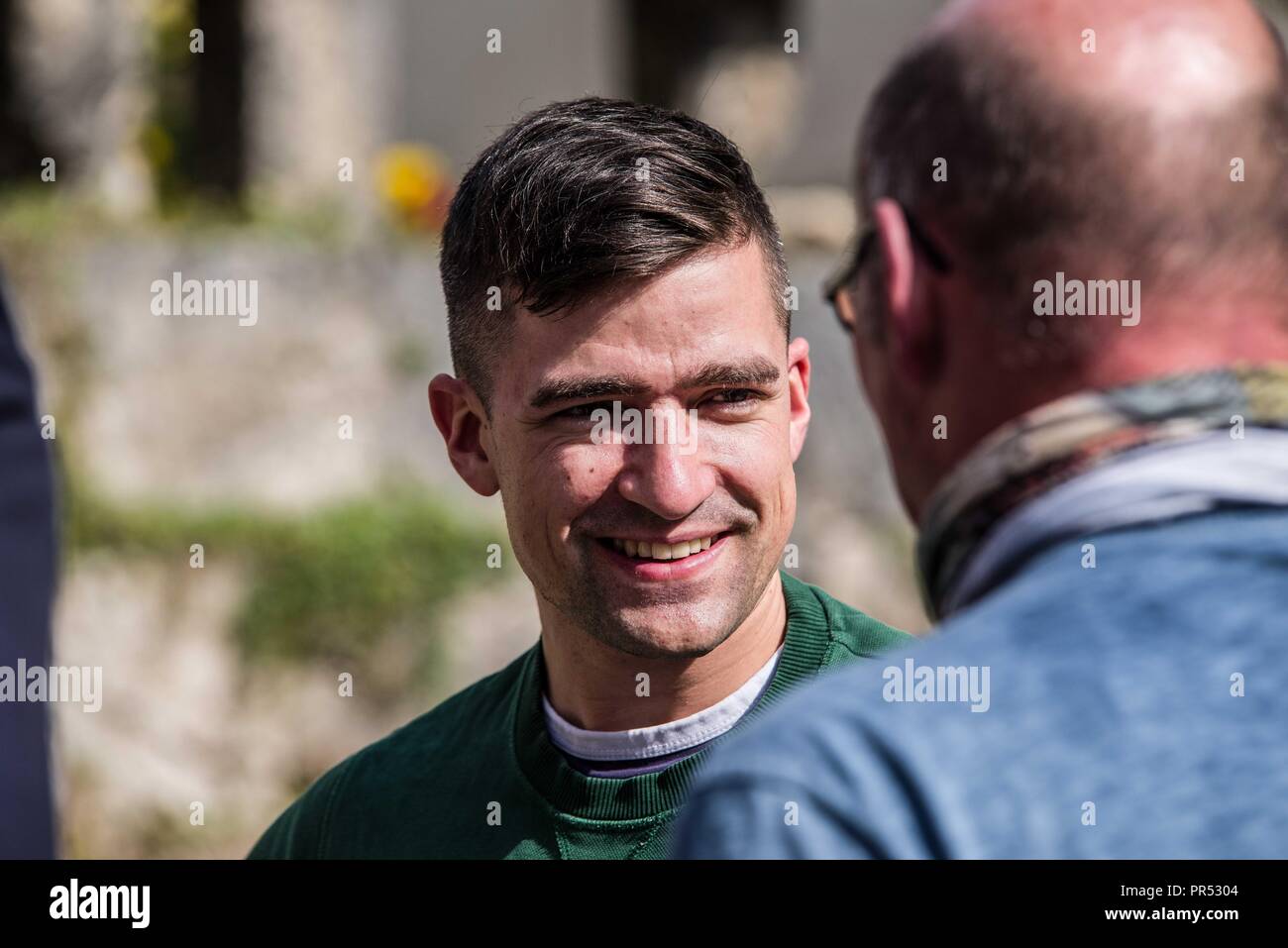 Garmisch Partenkirchen, Bavaria, Germany. 29th Sep, 2018. Austrian right-extremist and head of the Identitaeren Movement MARTIN SELLNER. Sellner is also associated with white supremacists in the United States and Canada. Adding themselves to the "who's who"" list of of several hundred right-extremists from Germany, Austria, Switzerland, and other countries, Tommy Robinson, founder of the British EDL, Lutz Bachmann, grounder of Germany's Pegida, and Martin Sellner of the Identitaere Bewegung were guests as the Compact Konferenz held in the international tourist town of Garmisch Pa Stock Photo