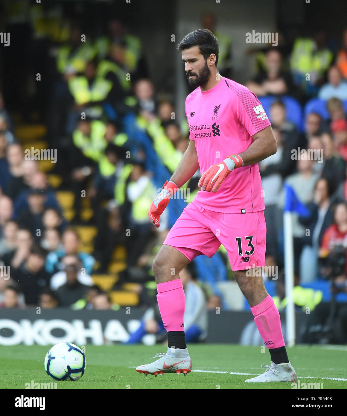 London, UK. 29th Sept 2018, Alisson of Liverpool during the Premier League match between Chelsea and Liverpool at Stamford Bridge on September 29th 2018 in London, England. Editorial use only, license required for commercial use. No use in betting, games or a single club/league/player publications. (Photo by Zed Jameson/phcimages.com) Credit: PHC Images/Alamy Live News Stock Photo