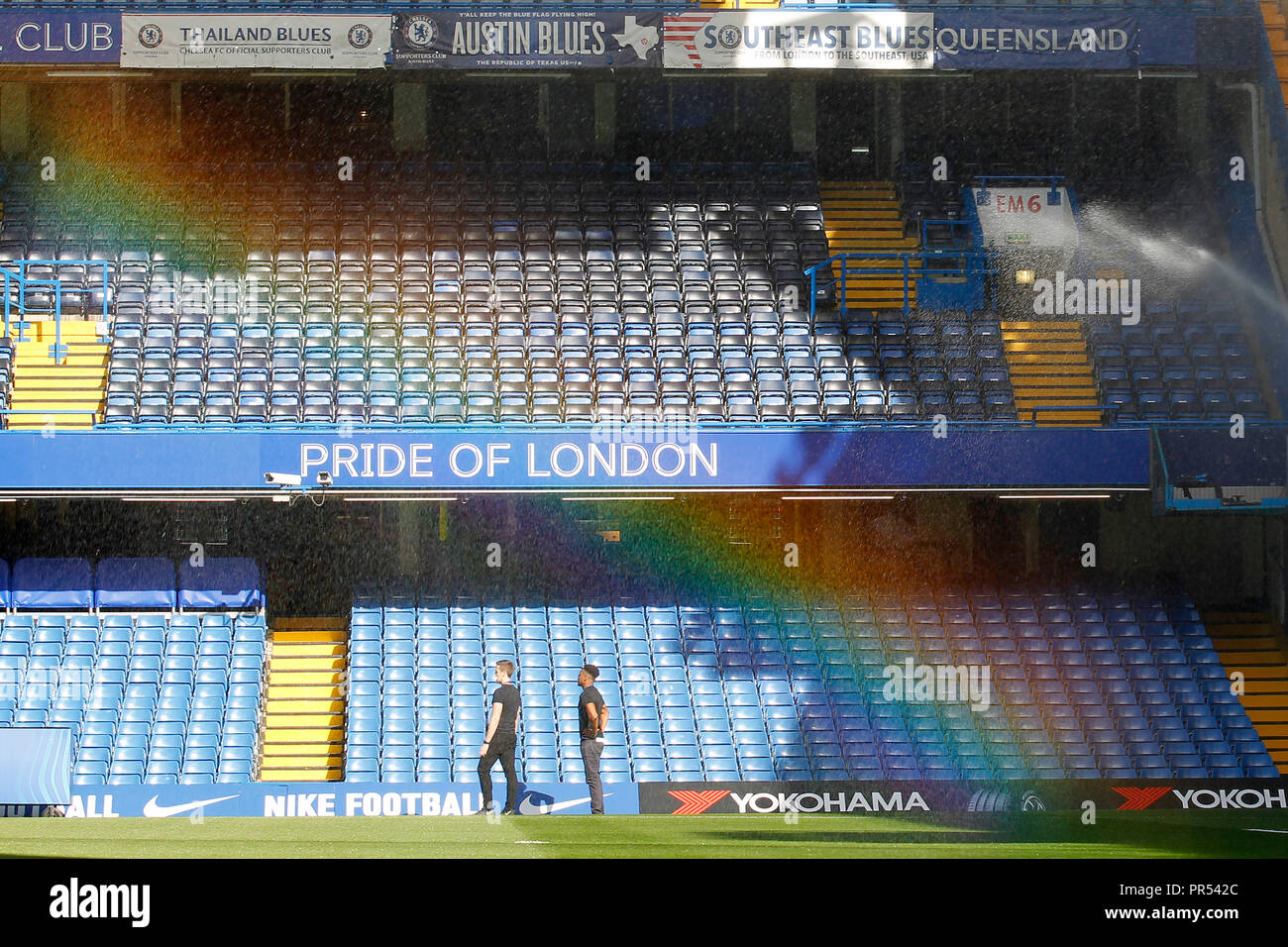 Pride colours arch across a sign depicting the Pride of London during the  Premier League match between Chelsea and Liverpool at Stamford Bridge,  London, England on 29 September 2018. Photo by Carlton