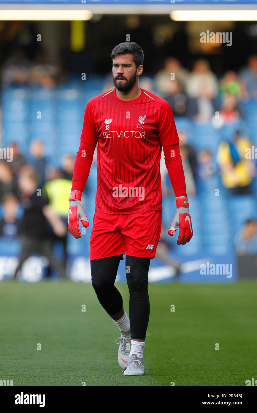 Alisson Becker of Liverpool during the Premier League match between Chelsea and Liverpool at Stamford Bridge, London, England on 29 September 2018. Photo by Carlton Myrie.  Editorial use only, license required for commercial use. No use in betting, games or a single club/league/player publications. Stock Photo