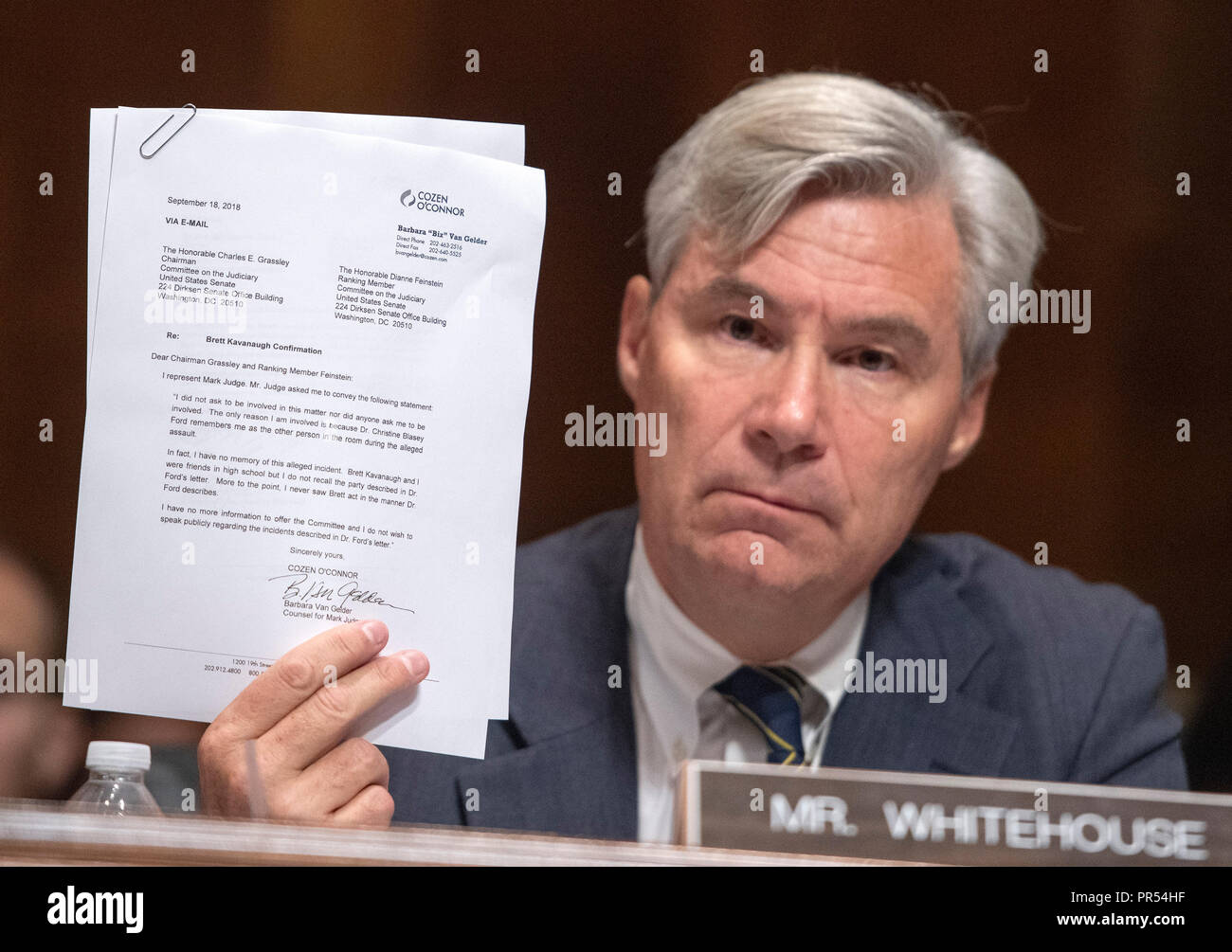 United States Senator Sheldon Whitehouse (Democrat of Rhode Island) holds letter from Mark Judge's lawyer as he makes an opening statement during the US Senate Committee on the Judiciary meeting to vote on the nomination of Judge Brett Kavanaugh to be Associate Justice of the US Supreme Court to replace the retiring Justice Anthony Kennedy on Capitol Hill in Washington, DC on Friday, September 28, 2018. If the committee votes in favor of Judge Kavanaugh then it goes to the full US Senate for a final vote. Credit: Ron Sachs/CNP (RESTRICTION: NO New York or New Jersey Newspapers or newspapers Stock Photo