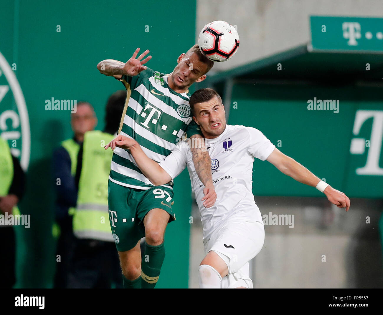 BUDAPEST, HUNGARY - MAY 12: (r-l) Leandro De Almeida 'Leo' of Ferencvarosi  TC celebrates the goal with Roland Varga of Ferencvarosi TC during the  Hungarian OTP Bank Liga match between Ferencvarosi TC