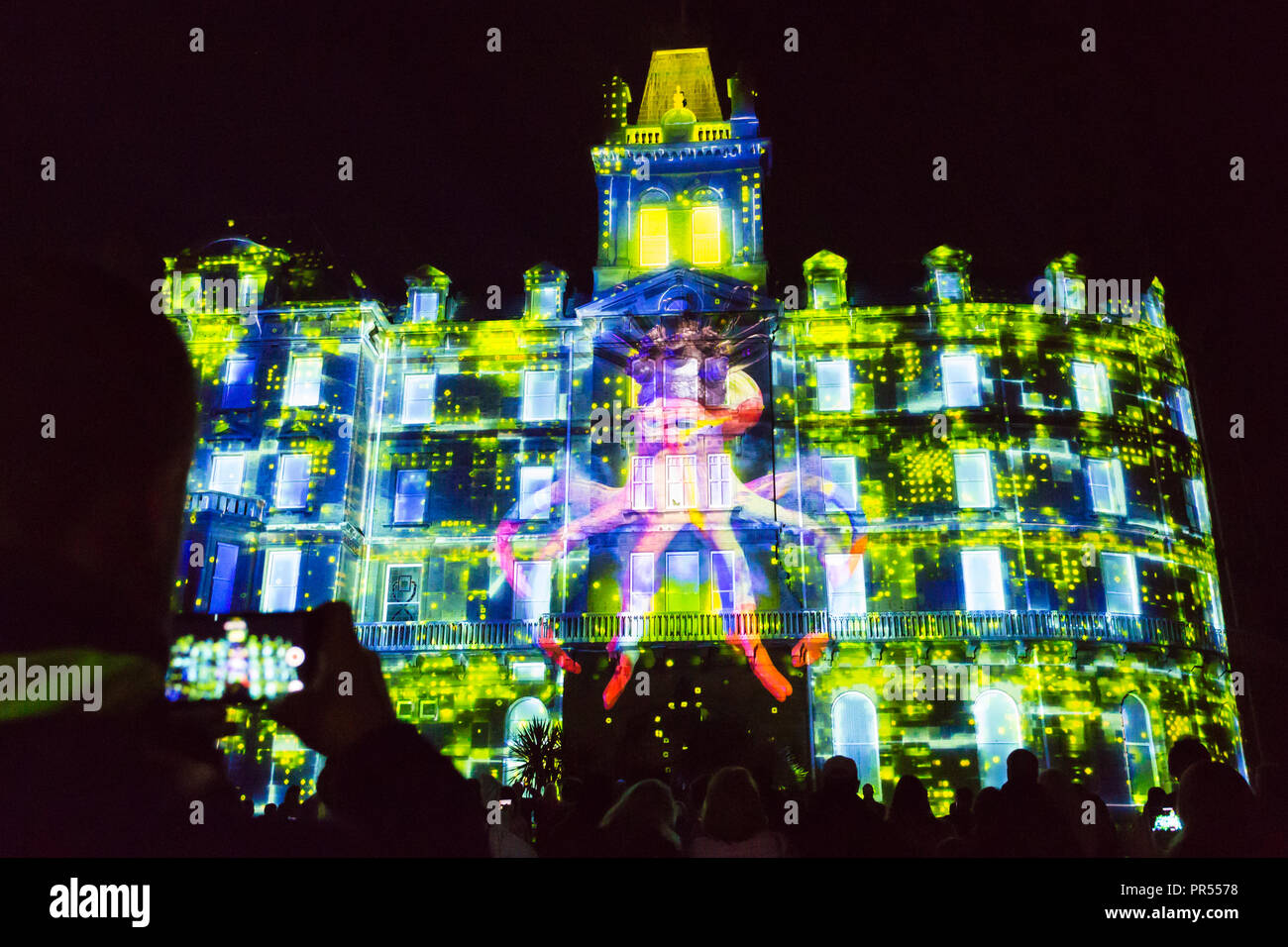 Bournemouth, Dorset UK. 29th Sept 2018. Bournemouth Arts by the Sea   On the first evening the spectacular innovative show “The Colour Project” has a 3D projection mapping show titled ‘Silicon Shores’ projected onto Bournemouth Town Hall. Its ocean narrative flips ‘surfing the web’ on its head, with animated fish, octopus and other sea creatures climbing the walls of the town hall in a never-seen-before display of thematic lighting and enchanting video displays. Credit: Carolyn Jenkins/Alamy Live News Stock Photo