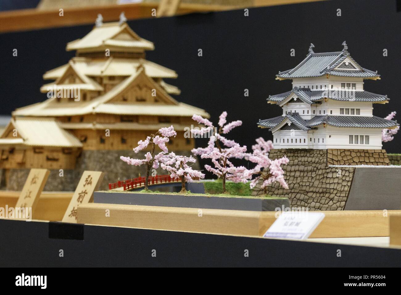 Tokyo, Japan. 29th Sep, 2018. Wood model kits of Japanese castles on