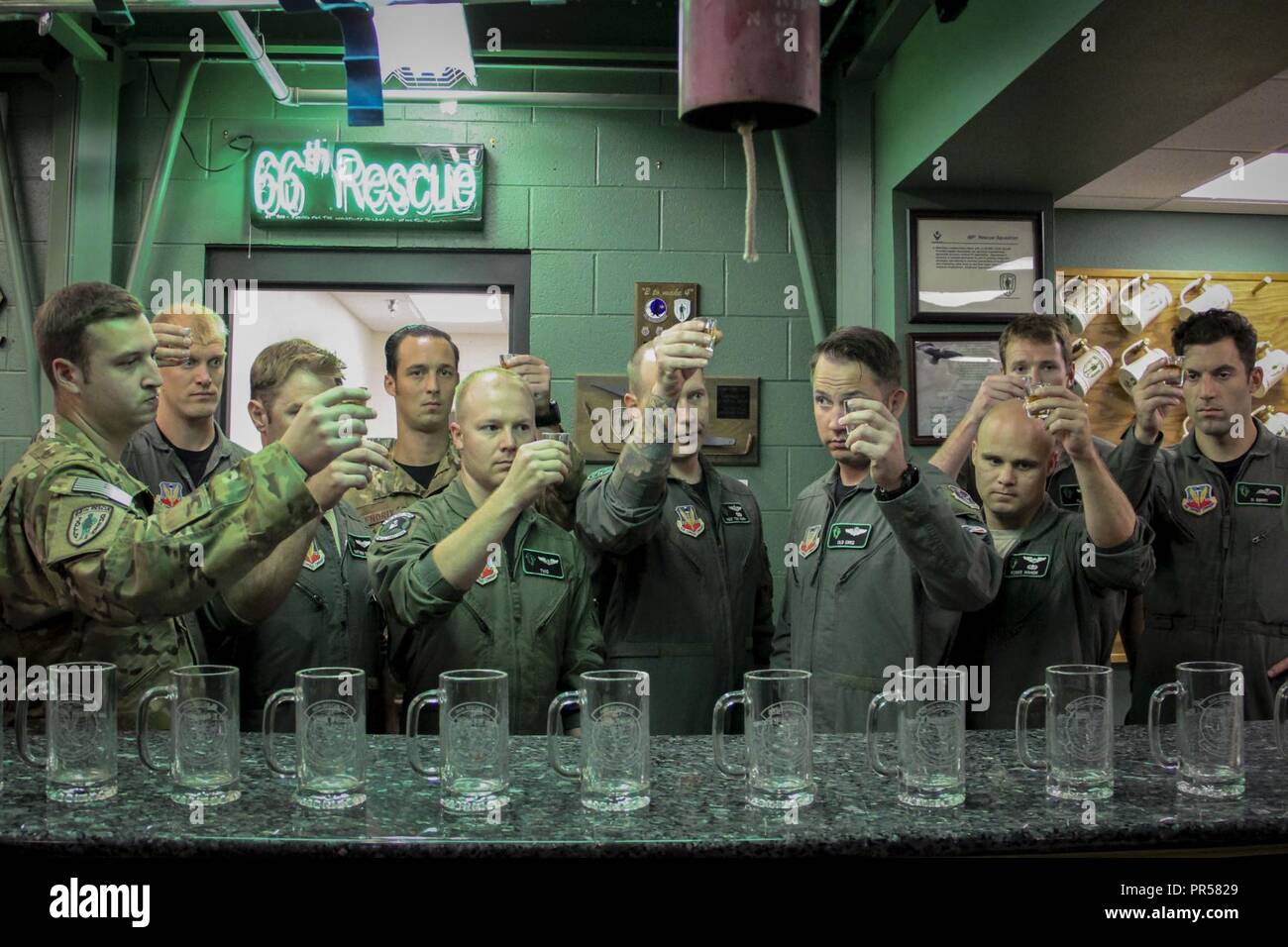 Members Of The 66th Rescue Squadron Line Up To Honor Their Fallen Brothers In A Toast To Jolly 38 And Jolly 39 Sept 7 18 At Nellis Air Force Base Nevada The