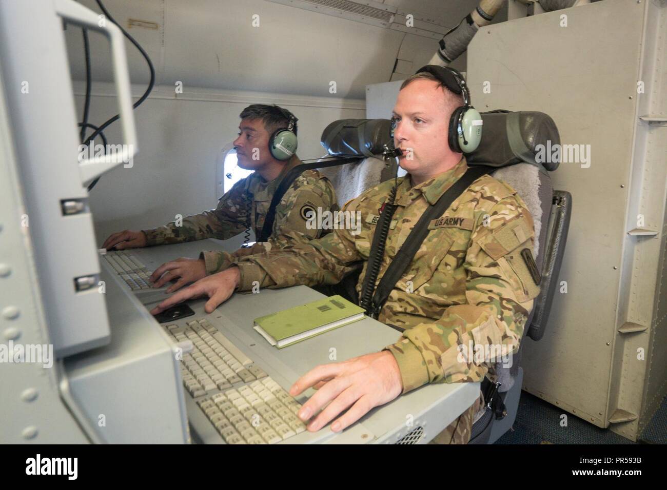 U S Army Sgt 1st Class Nathan Becker Right An Airborne Targeting Surveillance Supervisor With Army Jstars And Maj Raul Lavarreda With I Corps G3 Fires Joint Base Lewis Mcchord Monitor Data From Their