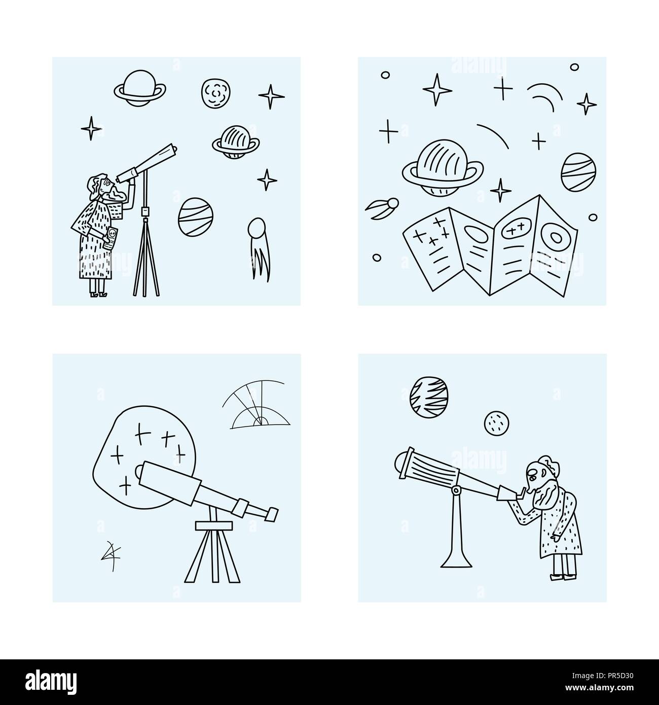 Vector design of astronomer and astronomic objects. Stock Vector